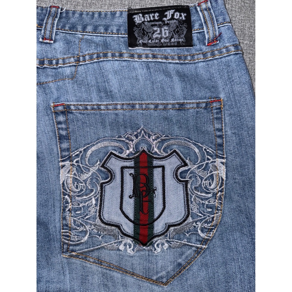 Bare Fox 40X32 Jeans Blue Embroidered Crest Streetwear Denim  Y2k Hip Hop